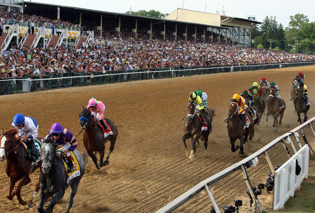 BALTIMORE, MD - MAY 21:  The field heads into the first turn during the 136th running of the Preakness Stakes at Pimlico Race Course on May 21, 2011 in Baltimore, Maryland.  (Photo by Rob Carr/Getty Images)