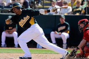 PHOENIX, AZ - MARCH 10:  Manny Ramirez #1 of the Oakland Athletics plays against the Cincinnati Reds during a spring training game at the Phoenix Municipal Stadium on March 10, 2012 in Phoenix, Arizona.  (Photo by Kevork Djansezian/Getty Images)