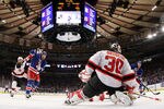 NEW YORK, NY - MAY 14:  Martin Brodeur #30 of the New Jersey Devils defends against Chris Kreider #20 of the New York Rangers in Game One of the Eastern Conference Finals during the 2012 NHL Stanley Cup Playoffs at Madison Square Garden on May 14, 2012 in New York City.  (Photo by Bruce Bennett/Getty Images)