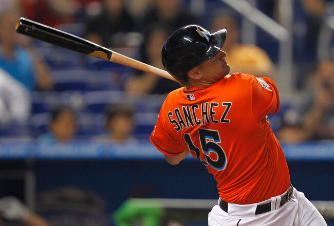 MIAMI, FL - APRIL 30: Gaby Sanchez #15 of the Miami Marlins bats during a game against the Arizona Diamondbacks at Marlins Park on April 30, 2012 in Miami, Florida. The Arizona Diamondbacks defeated the Miami Marlins 9-5. (Photo by Sarah Glenn/Getty Images)