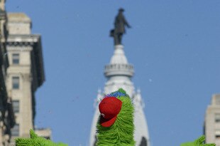 PHILADELPHIA, PA - OCTOBER 31: The Phillie Phanatic dances on a float in front of City Hall during the World Championship Parade October 31, 2008 in Philadelphia, Pennsylvania. The Phillies defeated the Tampa Bay Rays to win their first World Series in 28 years.  (Photo by William Thomas Cain/Getty Images)