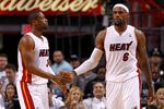 MIAMI, FL - MAY 15: LeBron James #6 and Dwyane Wade #3 of the Miami Heat high-five during Game Two of the Eastern Conference Semifinals in the 2012 NBA Playoffs against the Indiana Pacers at AmericanAirlines Arena on May 15, 2012 in Miami, Florida. NOTE TO USER: User expressly acknowledges and agrees that, by downloading and/or using this Photograph, User is consenting to the terms and conditions of the Getty Images License Agreement.  (Photo by Mike Ehrmann/Getty Images)