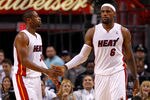MIAMI, FL - MAY 15: LeBron James #6 and Dwyane Wade #3 of the Miami Heat high-five during Game Two of the Eastern Conference Semifinals in the 2012 NBA Playoffs against the Indiana Pacers at AmericanAirlines Arena on May 15, 2012 in Miami, Florida. NOTE TO USER: User expressly acknowledges and agrees that, by downloading and/or using this Photograph, User is consenting to the terms and conditions of the Getty Images License Agreement.  (Photo by Mike Ehrmann/Getty Images)