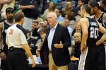 SALT LAKE CITY, UT - MAY 07: Head coach Gregg Popovich of the San Antonio Spurs argues a point with referee John Goble #30 during the fourth quarter of Game Four of the Western Conference Quarterfinals against the Utah Jazz in Salt Lake City, Utah. The Spurs won the game 87-81 and swept the Jazz 4-0. NOTE TO USER: User expressly acknowledges and agrees that, by downloading and or using this photograph, User is consenting to the terms and conditions of the Getty Images License Agreement. (Photo by Steve Dykes/Getty Images)
