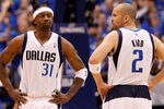 DALLAS, TX - MAY 25:  Jason Terry #31 of the Dallas Mavericks reacts alongside teammate Jason Kidd #2 in the first half while taking on the Oklahoma City Thunder in Game Five of the Western Conference Finals during the 2011 NBA Playoffs at American Airlines Center on May 25, 2011 in Dallas, Texas. NOTE TO USER: User expressly acknowledges and agrees that, by downloading and or using this photograph, User is consenting to the terms and conditions of the Getty Images License Agreement.  (Photo by Tom Pennington/Getty Images)