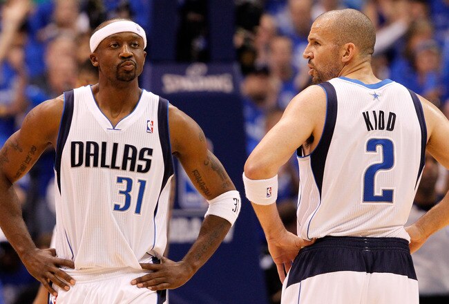 DALLAS, TX - MAY 25:  Jason Terry #31 of the Dallas Mavericks reacts alongside teammate Jason Kidd #2 in the first half while taking on the Oklahoma City Thunder in Game Five of the Western Conference Finals during the 2011 NBA Playoffs at American Airlines Center on May 25, 2011 in Dallas, Texas. NOTE TO USER: User expressly acknowledges and agrees that, by downloading and or using this photograph, User is consenting to the terms and conditions of the Getty Images License Agreement.  (Photo by Tom Pennington/Getty Images)