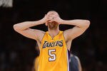 LOS ANGELES, CA - MAY 12:  Steve Blake #5 of the Los Angeles Lakers reacts in the second quarter while taking on the Denver Nuggets in Game Seven of the Western Conference Quarterfinals in the 2012 NBA Playoffs on May 12, 2012 at Staples Center in Los Angeles, California. NOTE TO USER: User expressly acknowledges and agrees that, by downloading and or using this photograph, User is consenting to the terms and conditions of the Getty Images License Agreement.  (Photo by Harry How/Getty Images)