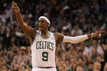 BOSTON, MA - MAY 06:  Rajon Rondo #9 of the Boston Celtics reacts to the game against the Atlanta Hawks in the first quarter in Game Four of the Eastern Conference Quarterfinals during the 2012 NBA Playoffs on May 6, 2012 at TD Garden in Boston, Massachusetts. NOTE TO USER: User expressly acknowledges and agrees that, by downloading and or using this photograph, User is consenting to the terms and conditions of the Getty Images License Agreement. (Photo by Jim Rogash/Getty Images)