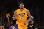 LOS ANGELES, CA - MAY 12:  Andrew Bynum #17 of the Los Angeles Lakers reacts in the fourth quarter while taking on the Denver Nuggets in Game Seven of the Western Conference Quarterfinals in the 2012 NBA Playoffs on May 12, 2012 at Staples Center in Los Angeles, California. NOTE TO USER: User expressly acknowledges and agrees that, by downloading and or using this photograph, User is consenting to the terms and conditions of the Getty Images License Agreement.  (Photo by Harry How/Getty Images)