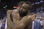 OKLAHOMA CITY, OK - MAY 16:   James Harden #13 and Kevin Durant #35 of the Oklahoma City Thunder celebrate after beating the Los Angeles Lakers in Game Two of the Western Conference Semifinals in the 2012 NBA Playoffs on May 16, 2012 at the Chesapeake Energy Arena in Oklahoma City, Oklahoma. The Thunder beat the Lakers 77-75.  NOTE TO USER: User expressly acknowledges and agrees that, by downloading and or using the photograph, User is consenting to the terms and conditions of the Getty Images License Agreement. (Photo by Brett Deering/Getty Images)