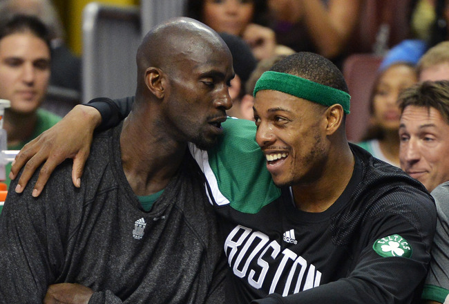 PHILADELPHIA, PA - MAY 16: Kevin Garnett #5 and Paul Pierce #34 of the Boston Celtics talk towards the end of the 107-91 win over the Philadelphia 76ers in Game Three of the Eastern Conference Semifinals in the 2012 NBA Playoffs at the Wells Fargo Center on May 16, 2012 in Philadelphia, Pennsylvania. NOTE TO USER: User expressly acknowledges and agrees that, by downloading and or using this photograph, User is consenting to the terms and conditions of the Getty Images License Agreement. (Photo by Drew Hallowell/Getty Images)