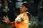 ROME, ITALY - MAY 16:  Rafael Nadal of Spain plays a forehand against Florian Mayer of Germany in their second round match during day five of the Internazionali BNL d'Italia 2012 at the Foro Italico Tennis Centre on May 16, 2012 in Rome, Italy.  (Photo by Clive Brunskill/Getty Images)