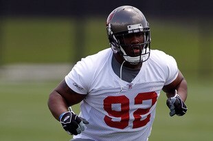TAMPA, FL - MAY 01:  Defensive tackle Brian Price #92 of the Tampa Bay Buccaneers warms up during the Buccaneers Rookie mini camp at One Buccaneer Place on May 1, 2010 in Tampa, Florida.  (Photo by J. Meric/Getty Images)