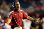 GAINESVILLE, FL - OCTOBER 01:  Head coach Nick Saban of the Alabama Crimson Tide watches the action during a game against the Florida Gators  at Ben Hill Griffin Stadium on October 1, 2011 in Gainesville, Florida.  (Photo by Sam Greenwood/Getty Images)