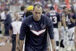 HOUSTON, TX - JANUARY 7: Quarterback Matt Schaub #8 of the Houston Texans walks with crutches on the sidelines agaisnt the Cincinnati Bengals during their 2012 AFC Wild Card Playoff game at Reliant Stadium on January 7, 2012 in Houston, Texas. Texas won 31 to 10. (Photo by Thomas B. Shea/Getty Images)