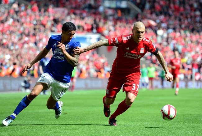 LONDON, ENGLAND - APRIL 14:  Martin Skrtel of Liverpool holds off Tim Cahill of Everton during the FA Cup with Budweiser Semi Final match between Liverpool and Everton at Wembley Stadium on April 14, 2012 in London, England.  (Photo by Shaun Botterill/Getty Images)