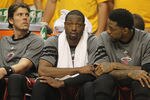 INDIANAPOLIS, IN - MAY 17: (L-R) Mike Miller #13, Dwyane Wade #3 and Undonis Haslem #40 of the Miami Heat sit on the bench near the end of the game against the Indiana Pacers in Game Three of the Eastern Conference Semifinals in the 2012 NBA Playoffs at Bankers Life Fieldhouse on May 17, 2012 in Indianapolis, Indiana. The Pacers defeated the Heat 94-75. NOTE TO USER: User expressly acknowledges and agrees that, by downloading and/or using this photograph, User is consenting to the terms and conditions of the Getty Images License Agreement. (Photo by Jonathan Daniel/Getty Images)