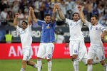 ATHENS;GREECE - OCTOBER 7: (L-R) Giannis Zaradoukas , Panagiotis Kone , Grigoris Makos , Avraam Papadopoulos of Greece celebrate during the UEFA Euro 2012 Qualifying round group F match between Greece and Croatia at the Georgios Karaiskakis Stadium on October 7,2011 in Athens , Greece.(Photo by Milos Bicanski/ Getty Images)