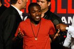 LAS VEGAS - APRIL 30:  Boxer Andre Berto reacts to the crowd from the stage before the start of the Floyd Mayweather Jr. and Shane Mosley weigh-in at the MGM Grand Garden Arena on April 30, 2010 in Las Vegas, Nevada. Mayweather and Mosley will meet in a 12-round welterweight bout on May 1, 2010 in Las Vegas.  (Photo by Ethan Miller/Getty Images)