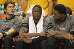 INDIANAPOLIS, IN - MAY 17: (L-R) Mike Miller #13, Dwyane Wade #3 and Undonis Haslem #40 of the Miami Heat sit on the bench near the end of the game against the Indiana Pacers in Game Three of the Eastern Conference Semifinals in the 2012 NBA Playoffs at Bankers Life Fieldhouse on May 17, 2012 in Indianapolis, Indiana. The Pacers defeated the Heat 94-75. NOTE TO USER: User expressly acknowledges and agrees that, by downloading and/or using this photograph, User is consenting to the terms and conditions of the Getty Images License Agreement. (Photo by Jonathan Daniel/Getty Images)