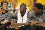 INDIANAPOLIS, IN - MAY 17: (L-R) Mike Miller #13, Dwyane Wade #3 and Undonis Haslem #40 of the Miami Heat sit on the bench near the end of the game against the Indiana Pacers in Game Three of the Eastern Conference Semifinals in the 2012 NBA Playoffs at Bankers Life Fieldhouse on May 17, 2012 in Indianapolis, Indiana. The Pacers defeated the Heat 94-75. NOTE TO USER: User expressly acknowledges and agrees that, by downloading and/or using this photograph, User is consenting to the terms and conditions of the Getty Images License Agreement. (Photo by Jonathan Daniel/Getty Images)