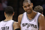 SAN ANTONIO, TX - MAY 17:  (L-R) Tony Parker #9, Daniel Green #4 and Tim Duncan #21 of the San Antonio Spurs celebrate during play against the Los Angeles Clippers in Game Two of the Western Conference Semifinals of the 2012 NBA Playoffs at AT&T Center on May 17, 2012 in San Antonio, Texas.  NOTE TO USER: User expressly acknowledges and agrees that, by downloading and or using this photograph, User is consenting to the terms and conditions of the Getty Images License Agreement.  (Photo by Ronald Martinez/Getty Images)