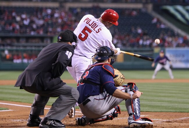 ANAHEIM, CA - APRIL 30:  Albert Pujols #5 of the Los Angeles Angels of Anaheim hits a double against the Minnesota Twins in the first inning at Angel Stadium of Anaheim on April 30, 2012 in Anaheim, California.  (Photo by Jeff Gross/Getty Images)