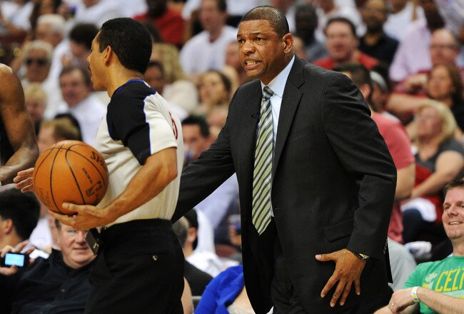 PHILADELPHIA, PA - MAY 18: Doc Rivers of the Boston Celtics yells at the referee during the game again the Philadelphia 76ers in Game Four of the Eastern Conference Semifinals in the 2012 NBA Playoffs at the Wells Fargo Center on May 18, 2012 in Philadelphia, Pennsylvania. NOTE TO USER: User expressly acknowledges and agrees that, by downloading and or using this photograph, User is consenting to the terms and conditions of the Getty Images License Agreement. (Photo by Drew Hallowell/Getty Images)