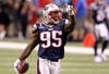 INDIANAPOLIS, IN - FEBRUARY 05:  Mark Anderson #95 of the New England Patriots reacts after he recorded a sack against Eli Manning #10 of the New York Giants during Super Bowl XLVI at Lucas Oil Stadium on February 5, 2012 in Indianapolis, Indiana. The Giants won 21-17. (Photo by Andy Lyons/Getty Images)