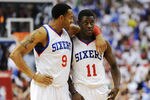 PHILADELPHIA, PA - MAY 18: Andre Iguodala #9 and Jrue Holiday #11 of the Philadelphia 76ers talk at the end of the game against the Boston Celtics in Game Four of the Eastern Conference Semifinals in the 2012 NBA Playoffs at the Wells Fargo Center on May 18, 2012 in Philadelphia, Pennsylvania. The Sixers won 92-83. NOTE TO USER: User expressly acknowledges and agrees that, by downloading and or using this photograph, User is consenting to the terms and conditions of the Getty Images License Agreement. (Photo by Drew Hallowell/Getty Images)