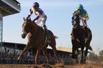 BALTIMORE, MD - MAY 19:  I'll Have Another ridden by Mario Gutierrez comes ahead at the finish to beat Bodemeister ridden by Mike Smith to win the 137th Preakness Stakes at Pimlico Race Course on May 19, 2012 in Baltimore, Maryland.  (Photo by Rob Carr/Getty Images)