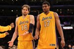 LOS ANGELES, CA - MAY 19:  Pau Gasol #16 and Andrew Bynum #17 of the Los Angeles Lakers react after losing 103-100 to the Oklahoma City Thunder in Game Four of the Western Conference Semifinals in the 2012 NBA Playoffs on May 19 at Staples Center in Los Angeles, California. NOTE TO USER: User expressly acknowledges and agrees that, by downloading and or using this photograph, User is consenting to the terms and conditions of the Getty Images License Agreement.  (Photo by Stephen Dunn/Getty Images)