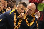 CARSON, CA - MAY 19:  Midfielder David Beckham #23 of the Los Angeles Galaxy (2nd R) looks on from the bench area during the MLS match between the Galaxy and Chivas USA at The Home Depot Center on May 19, 2012 in Carson, California.  (Photo by Victor Decolongon/Getty Images)