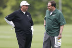 FLORHAM PARK, NJ - MAY 04:  New York Jets head coach Rex Ryan talks with general manager Mike Tannenbaum during the Jets Rookie Minicamp on May 4, 2012 in Florham Park, New Jersey.  (Photo by Jeff Zelevansky/Getty Images)
