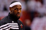 MIAMI, FL - MAY 15:  LeBron James #6 of the Miami Heat looks on during Game Two of the Eastern Conference Semifinals in the 2012 NBA Playoffs against the Indiana Pacers at AmericanAirlines Arena on May 15, 2012 in Miami, Florida. NOTE TO USER: User expressly acknowledges and agrees that, by downloading and/or using this Photograph, User is consenting to the terms and conditions of the Getty Images License Agreement.  (Photo by Mike Ehrmann/Getty Images)