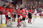 NEWARK, NJ - MAY 19:  The New Jersey Devils react after their 3 to 0 loss to the New York Rangers in Game Three of the Eastern Conference Final during the 2012 NHL Stanley Cup Playoffs at the Prudential Center on May 19, 2012 in Newark, New Jersey.  (Photo by Bruce Bennett/Getty Images)