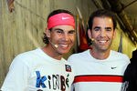 INDIAN WELLS, CA - MARCH 12:  ( L-R) Rafael Nadal of Spain, his doubles teammate Andre Agassi, former player Pete Sampras, and his doubles teammate Roger Federer of Switzerland, during Hit for Haiti, a charity event during the BNP Paribas Open on March 12, 2010 in Indian Wells, California.  (Photo by Kevork Djansezian/Getty Images)