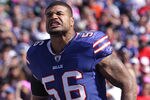 ORCHARD PARK, NY - OCTOBER 09:  Shawne Merriman of the Buffalo Bills celebrates as he enters the stadium during pregame introductions at Ralph Wilson Stadium on October 9, 2011 in Orchard Park, New York.  (Photo by Brody Wheeler/Getty Images)
