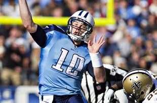 NASHVILLE, TN - DECEMBER 11:   Quarterback Jake Locker #10 of the Tennessee Titans throws a pass under pressure against the New Orleans Saints at LP Field on December 11, 2011 in Nashville, Tennessee.  The Saints defeated the Titans 22-17.  (Photo by Wesley Hitt/Getty Images)