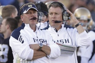 SOUTH BEND, IN - SEPTEMBER 17:  Head Coach Brian Kelly of the Notre Dame Fighting Irish looks on while playing the Michigan State Spartans during the second half September 17, 2011at Notre Dame Stadium in South Bend, Indiana. Notre Dame defeated Michigan State 31-13. (Photo by John Gress/Getty Images)