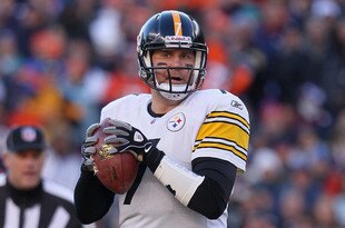 DENVER, CO - JANUARY 08:  Quarterback Ben Roethlisberger #7 of the Pittsburgh Steelers drops back to pass against the Denver Broncos during the Wild Card Playoffs at Sports Authority Field at Mile High on January 8, 2012 in Denver, Colorado.  (Photo by Jeff Gross/Getty Images)