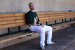 PHOENIX, AZ - MARCH 20:  Daric Barton #10 of the Oakland Athletics sits in the dugout before the spring training game against the Chicago Cubs at Phoenix Municipal Stadium on March 20, 2012 in Phoenix, Arizona.  (Photo by Christian Petersen/Getty Images)