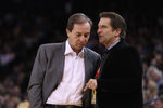 OAKLAND, CA - MARCH 27:  Golden State Warriors co-owners Joe Lacob (L) and Peter Guber talk during the Warriors game against the Los Angeles Lakers at Oracle Arena on March 27, 2012 in Oakland, California. NOTE TO USER: User expressly acknowledges and agrees that, by downloading and or using this photograph, User is consenting to the terms and conditions of the Getty Images License Agreement.  (Photo by Ezra Shaw/Getty Images)
