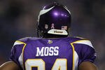 MINNEAPOLIS - OCTOBER 17:  Wide receiver Randy Moss #84 the Minnesota Vikings looks on prior to the start of the game against the Dallas Cowboys at Mall of America Field on October 17, 2010 in Minneapolis, Minnesota.  (Photo by Jeff Gross/Getty Images)