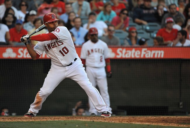 ANAHEIM, CA - MAY 15:  Vernon Wells #10 of the Los Angeles Angels of Anaheim bats against the Oakland Athletics during a game at Angel Stadium of Anaheim on May 15, 2012 in Anaheim, California.  The Angels beat the Athletics 4-0.  (Photo by Jonathan Moore/Getty Images)
