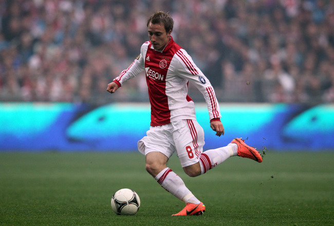 AMSTERDAM, NETHERLANDS - MAY 02:  Christian Eriksen of Ajax in action during the Eredivisie match between Ajax Amsterdam and VVV Venlo at Amsterdam Arena on May 2, 2012 in Amsterdam, Netherlands.  (Photo by Dean Mouhtaropoulos/Getty Images)