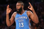 LOS ANGELES, CA - APRIL 22: James Harden #13 of the Oklahoma City Thunder celebrates during the game against the Los Angeles Lakers at Staples Center on April 22, 2012 in Los Angeles, California.  NOTE TO USER: User expressly acknowledges and agrees that, by downloading and or using this photograph, User is consenting to the terms and conditions of the Getty Images License Agreement.  (Photo by Stephen Dunn/Getty Images)