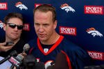 ENGLEWOOD, CO - MAY 21:  Quarterback Peyton Manning #18 of the Denver Broncos talks to the local and national media following organized team activities at Dove Valley on May 21, 2012 in Englewood, Colorado. (Photo by Justin Edmonds/Getty Images)