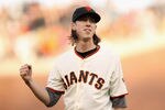 SAN FRANCISCO, CA - APRIL 28:  Tim Lincecum #55 of the San Francisco Giants reacts after Melky Cabrera #53 of the San Francisco Giants three catches in a row in the fourth inning if their game against the San Diego Padres at AT&T Park on April 28, 2012 in San Francisco, California.  (Photo by Ezra Shaw/Getty Images)
