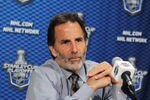NEWARK, NJ - MAY 19:  Head coach John Tortorella of the New York Rangers speaks to the media after they defeated the New Jersey Devils 3 to 0 in Game Three of the Eastern Conference Final during the 2012 NHL Stanley Cup Playoffs at the Prudential Center on May 19, 2012 in Newark, New Jersey.  (Photo by Bruce Bennett/Getty Images)